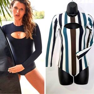 MIKOH Lunar Striped Bodysuit / Long Sleeve Swimsuit With Front Cut-out ~ NWT
